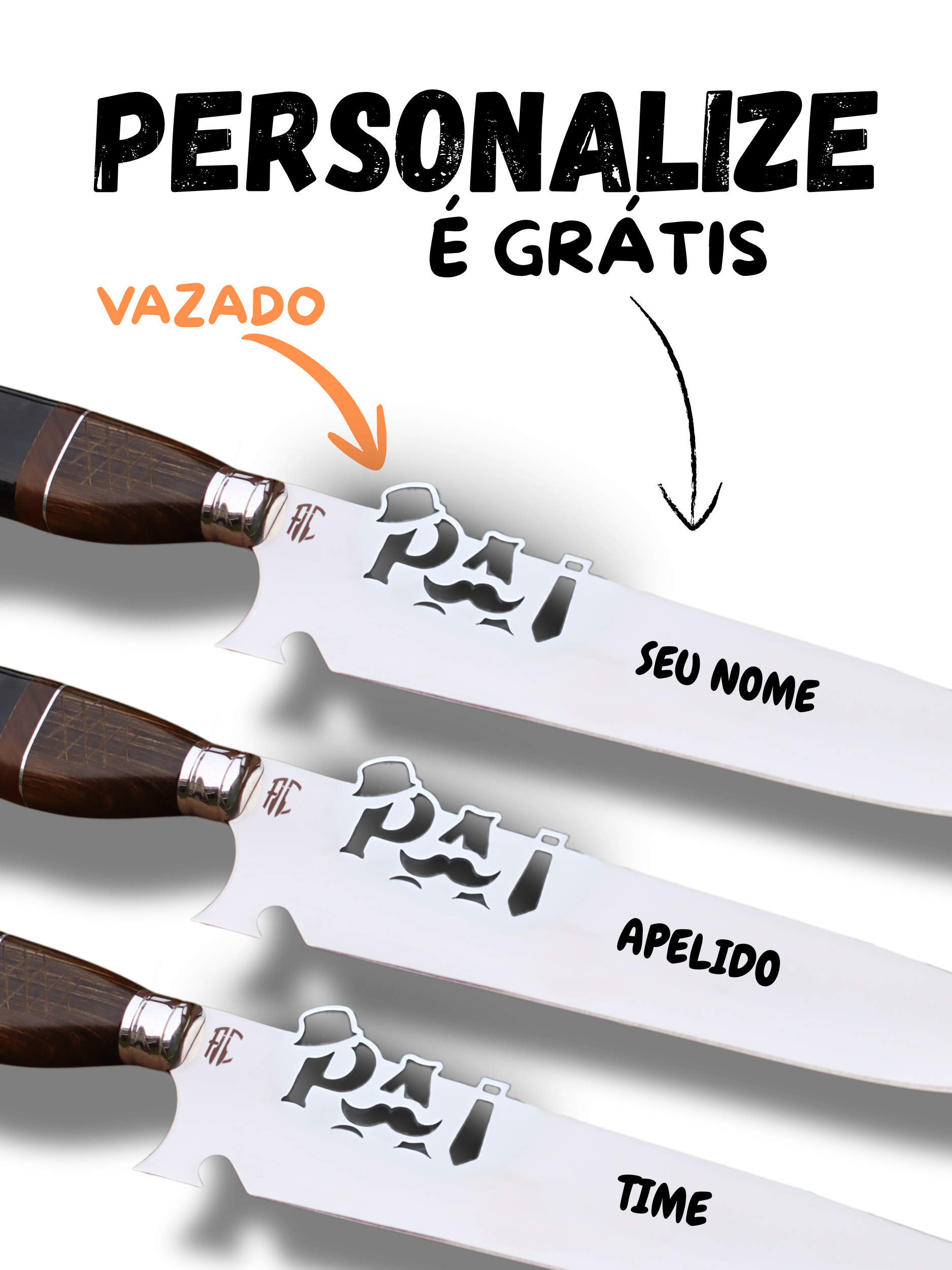 Faca Churrasco Artesanal Pai Churrasqueiro | Aço Inox e Cabo Nobre