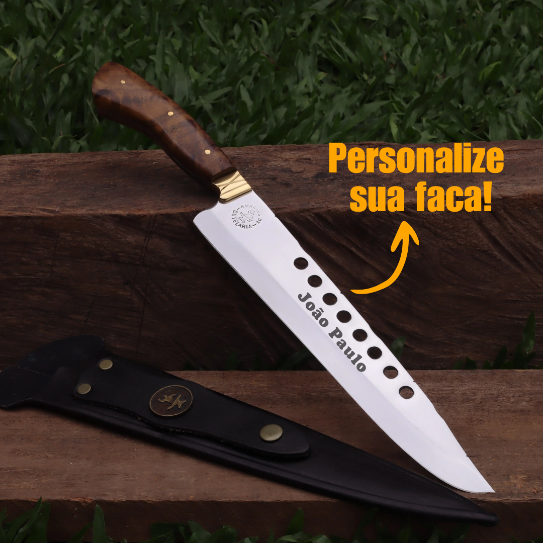 Faca Churrasco Artesanal Personalizada Furada | Aço Inox 10"