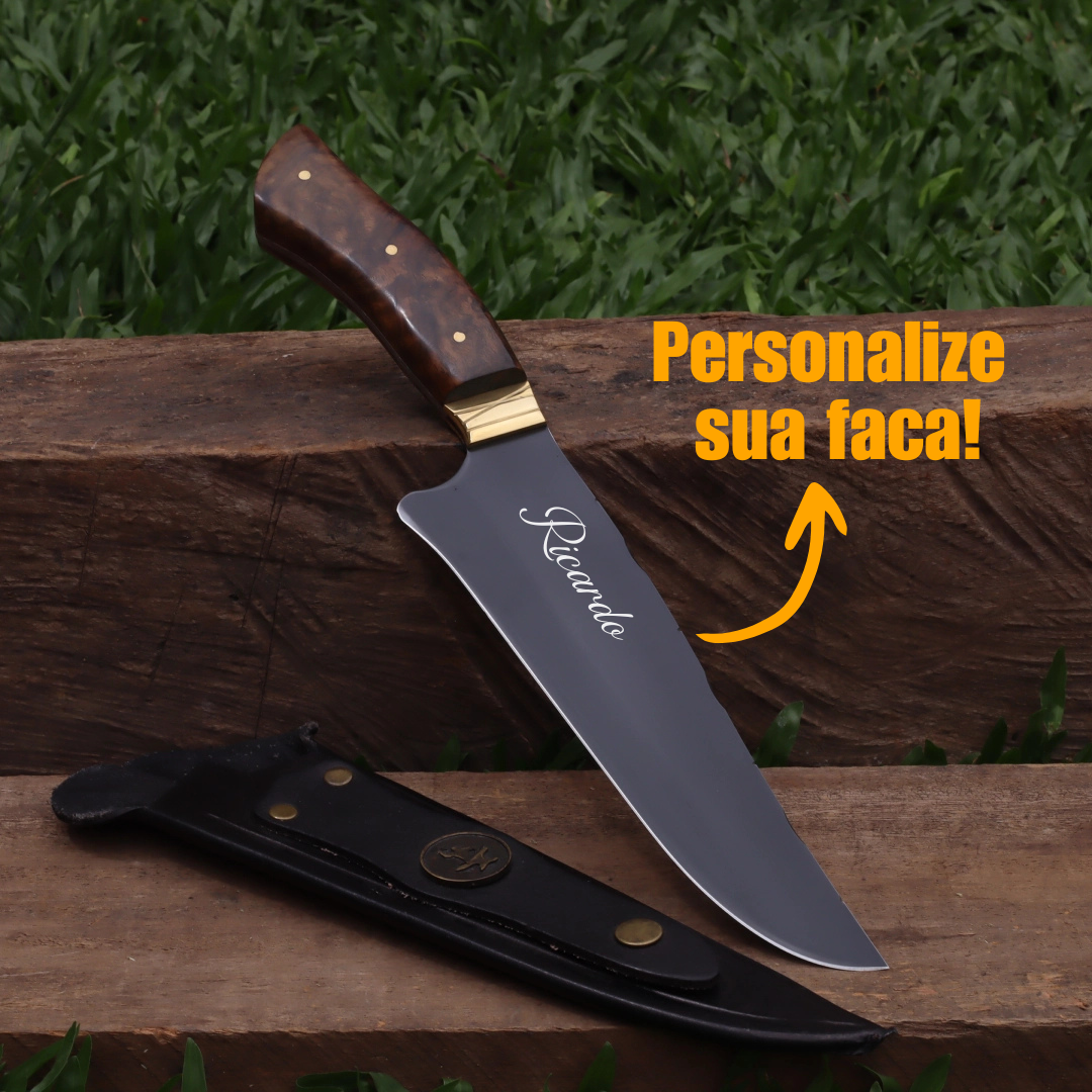 Faca Churrasco Artesanal Personalizada Gaúcha | Carbono Fosfatizado 8"